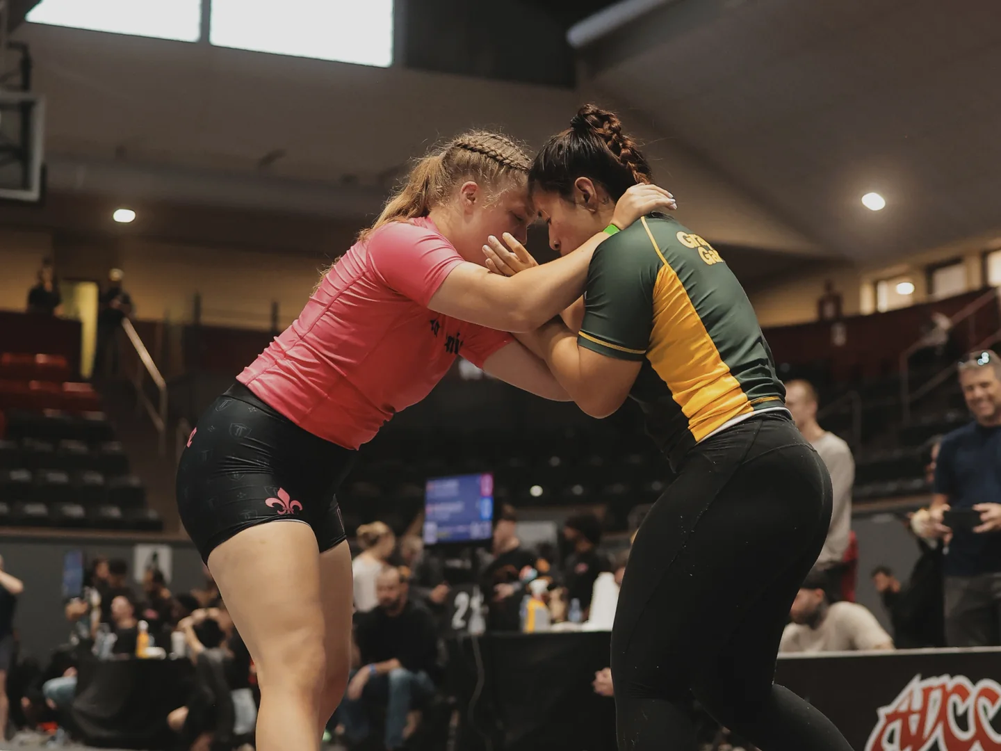 Deux femmes travaillent une saisie debout en jiu-jitsu.